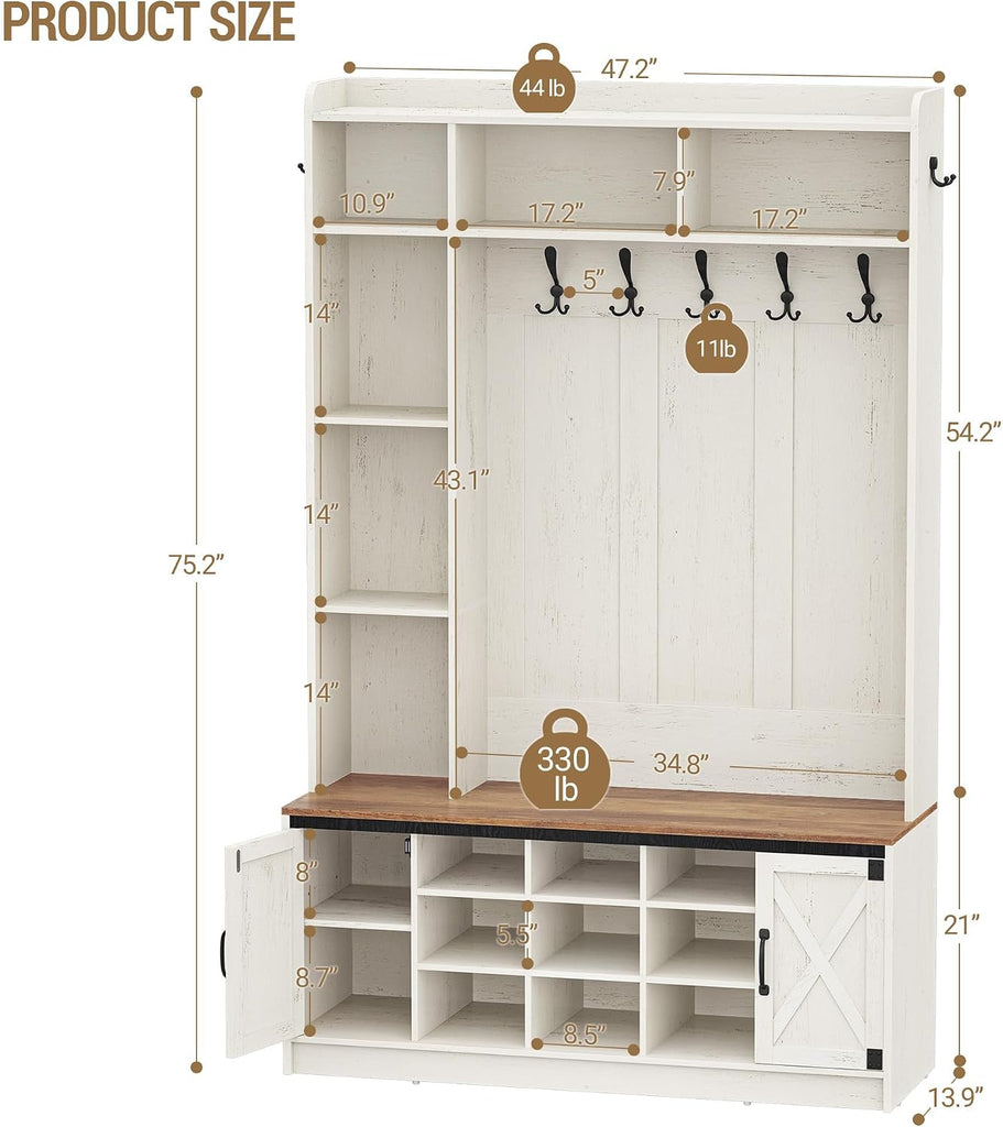 47.2" Hall Tree, LED Farmhouse Entryway Storage and Coat Rack Wood, Entryway Furniture with 7 Hooks, Hall Tree with