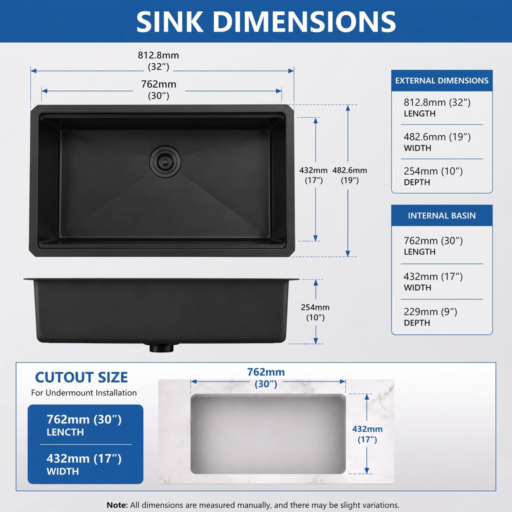 Black Undermount, 32 Inch Undermount Kitchen Workstation Sink with X-Shaped Drain Line, 10 Inch Deep Single Bowl
