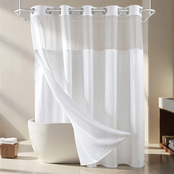 White Cotton Blend Fabric Shower Curtain Set with Liner, 71x74 | Waffle Weave, No Hook Needed, with Snap in