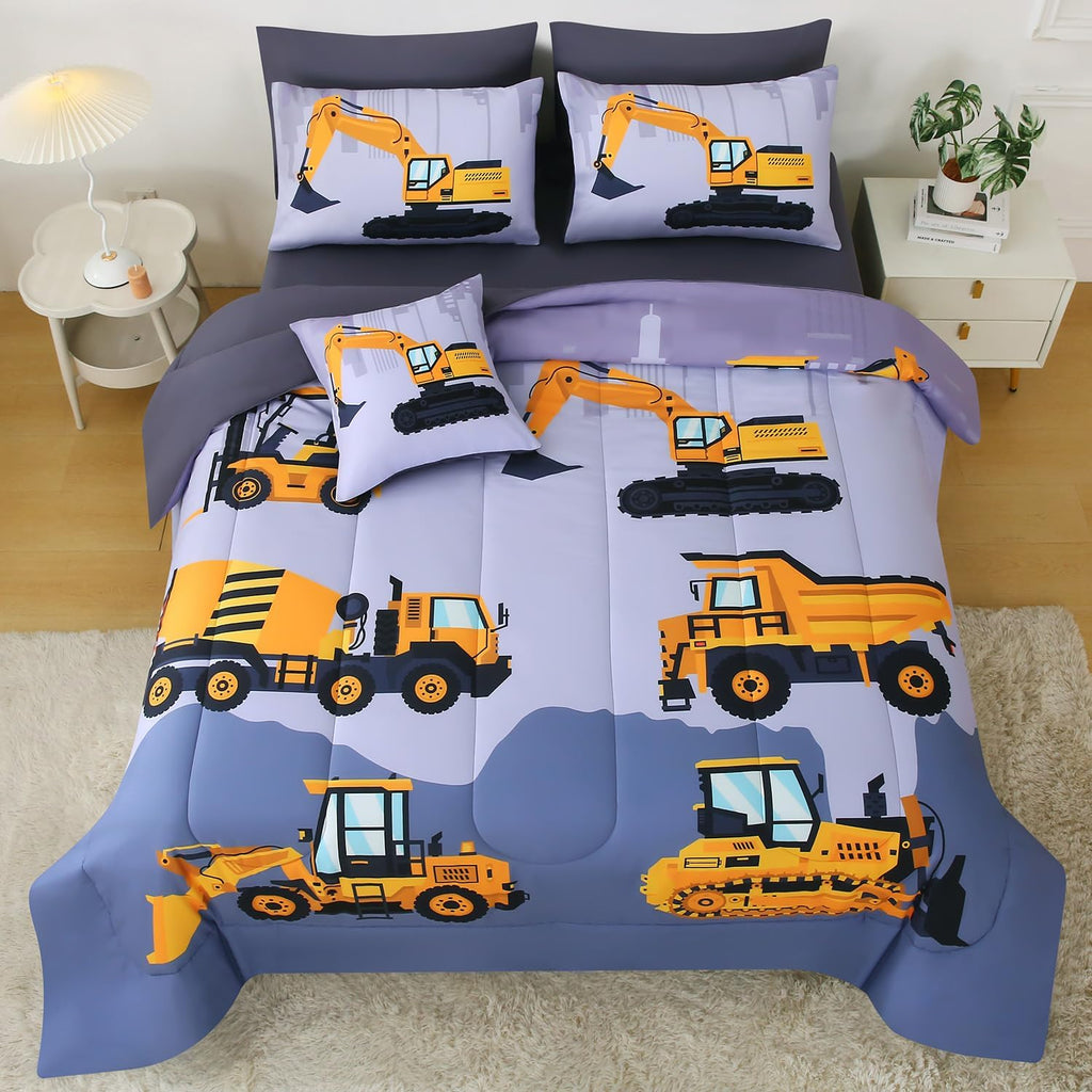 Construction Bedding Sets for Boys Kids, 6 Piece Bed in A Bag 3D Cartoon Car Excavator Tractor Comforter Set