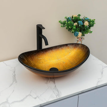 Boat Shape Bathroom Vessel Sink with Black Faucet and Pop-up Drain Set 21x14 Inch Modern Artistic Tempered