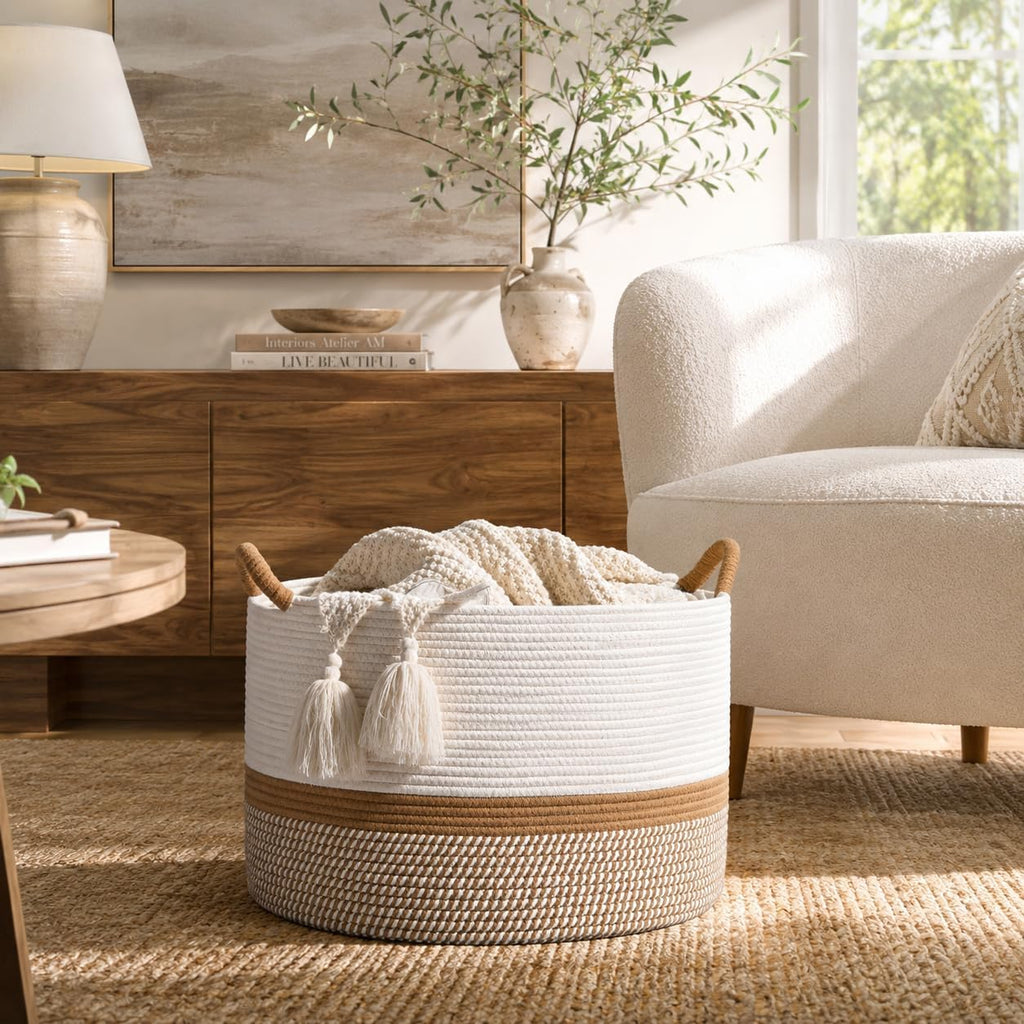 Large Blanket Basket with Handles, Storage Basket | Extra Large Capacity | Blanket Storage | Laundry Basket | Natural