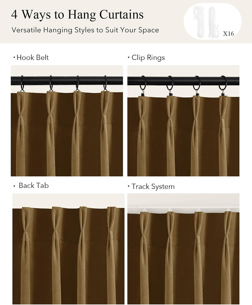 Pinch Pleated Curtains (Set of 2 Panels), Luxury Gold Brown Velvet Bedroom Curtains with Adjustable Hooks Back Tab Thermal Insulated