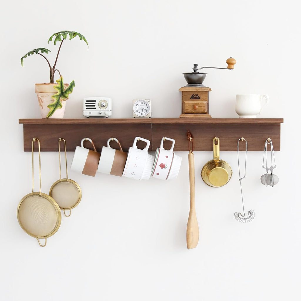 Wall Mount Walnut Coat Rack, 5 Brass Hooks, Floating Shelf | Adjustable rail with movable wood hooks