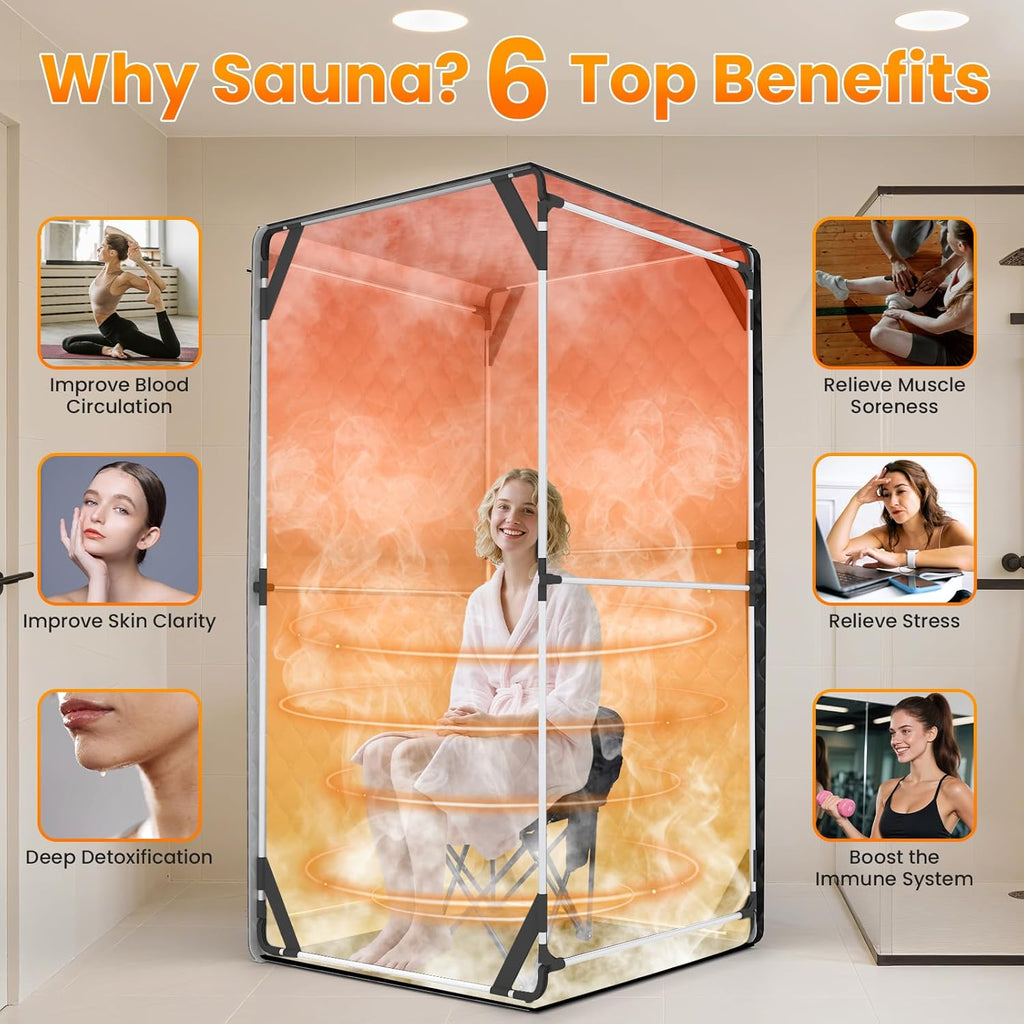 Portable Sauna for Home, Upgraded Personal Steam Sauna Box with 3L 1300W Steamer, Folding Chair