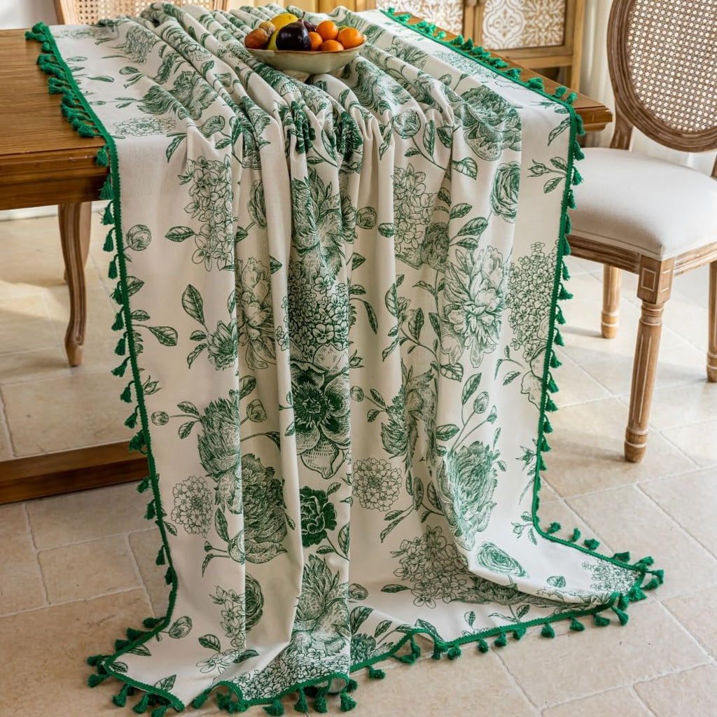 Boho Tassel Tablecloth Cotton Linen Floral Tablecloths and Dining Table Covers Home Decor, Rectangul