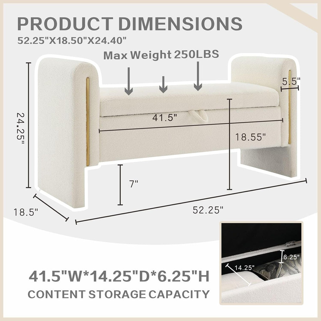 Modern 52" Storage Ottoman Bench, Upholstered End of Bed Storage Bench with Armrests, Entryway Bench, Teddy Foot Rest