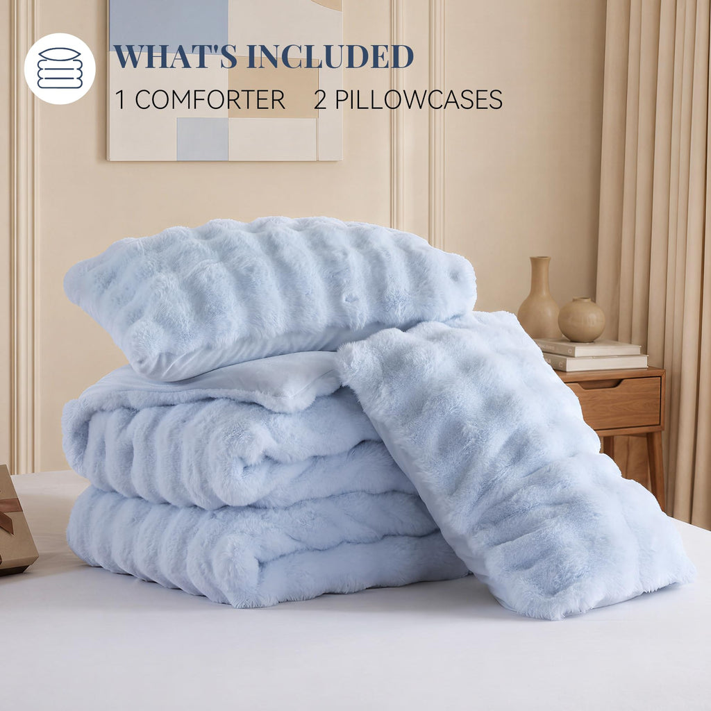 Fluffy Faux Rabbit Fur Bubble Comforter - Light Blue