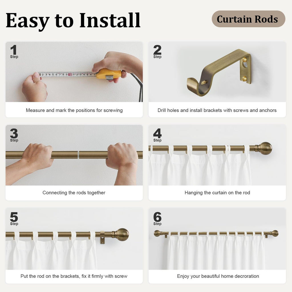 Antique Bronze Curtain Rods for Windows 1" Diameter Adjustable Heavy Duty Brass Window Curtain Rod