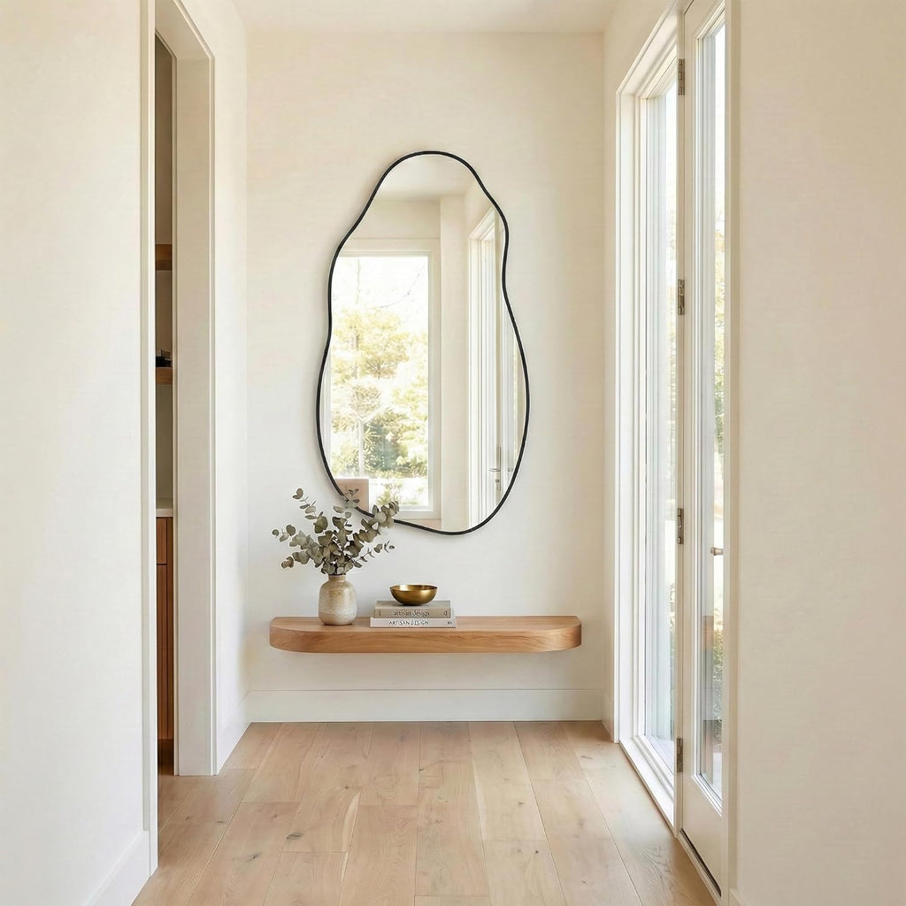 Irregular Wall Mirror 30"x16.5", Small Asymmetrical Mirror for Wall Decor, Matte Black Rust Proof Aluminum, Tempered