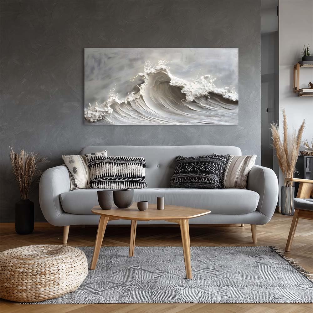 Abstract Ocean Wave Canvas Wall Art 46x23 Inch - Large Neutral Textured Modern Sea Artwork Coastal Print Painting