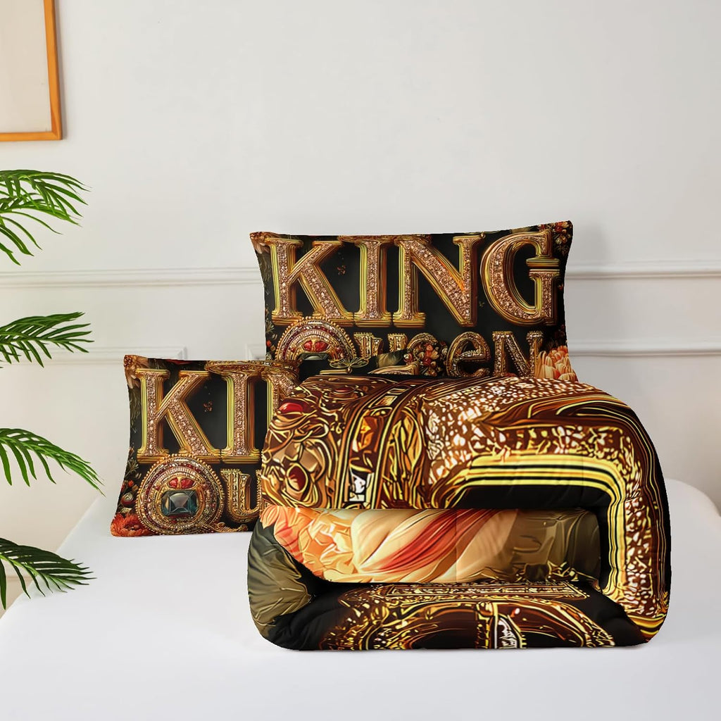 King and Queen Comforter Set Black and Gold，King and Queen Bedding Set，Red Floral Quilt Set，with 1 Comforter
