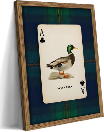 Framed Vintage Mallard Duck Wall Art, Country Lucky Duck Wildlife Poker Wall Decor Painting, Nature Rustic Farmhouse