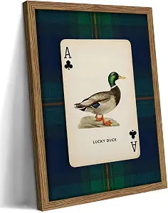 Framed Vintage Mallard Duck Wall Art, Country Lucky Duck Wildlife Poker Wall Decor Painting, Nature Rustic Farmhouse