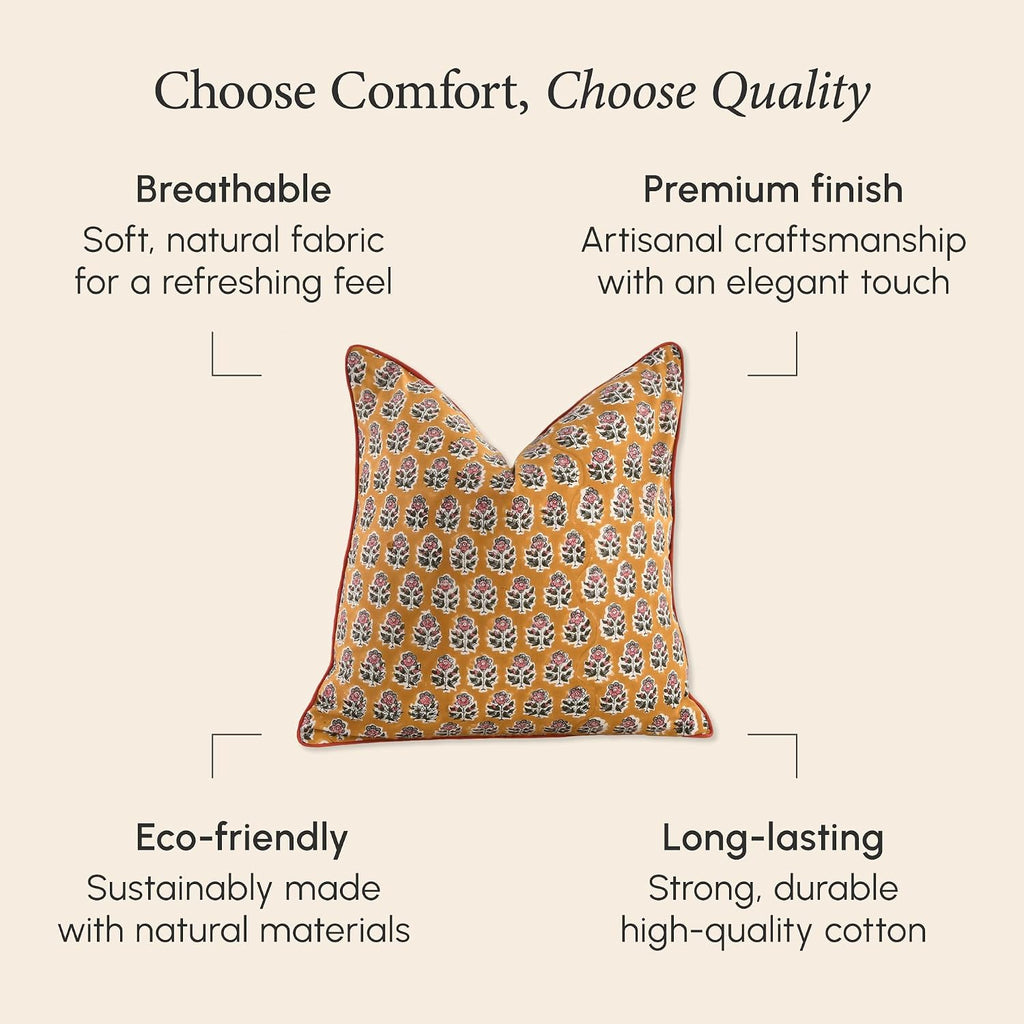 100% Cotton Throw Pillow Covers 20x20 Inch, Set of 2 Yellow Block Print Pattern Couch Pillow, Cute Boho