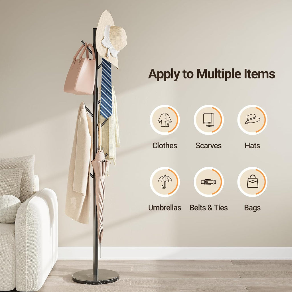 Coat Rack Freestanding, Metal Coat Rack with Natural Marble Base | 10 Hooks, 3 Adjustable Heights, Heavy Duty Coat