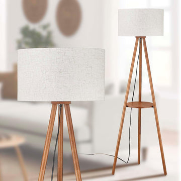 BTP Wood Tripod Floor Lamp, Farmhouse Shelf Wooden Standing light Drum Shade, Footswitch,ETL Listed/