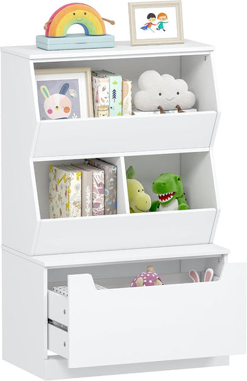 Slanted Kids Toy Storage Organizer, Children Storage Cubby with Drawer | Kids Bookshelf and Bookcase, Full-Width