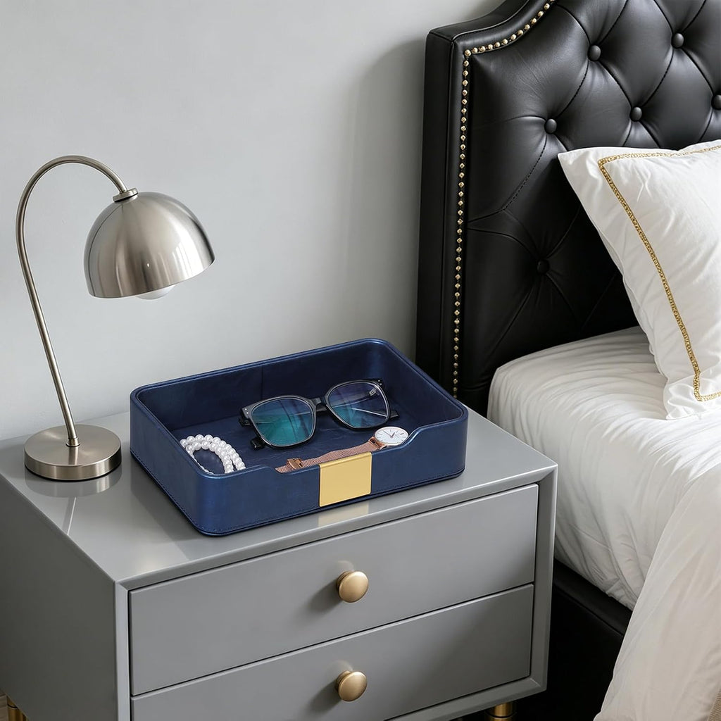 PU Leather Valet Tray, Nightstand Organizer, Catchall Tray, Blue