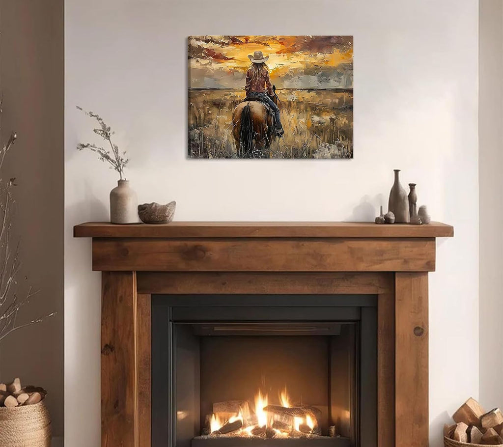 Western Cowgirl Riding Horse Canvas Wall Art Cowgirl Wall Decor Pictures Sunset Countryside Landscape Painting Print