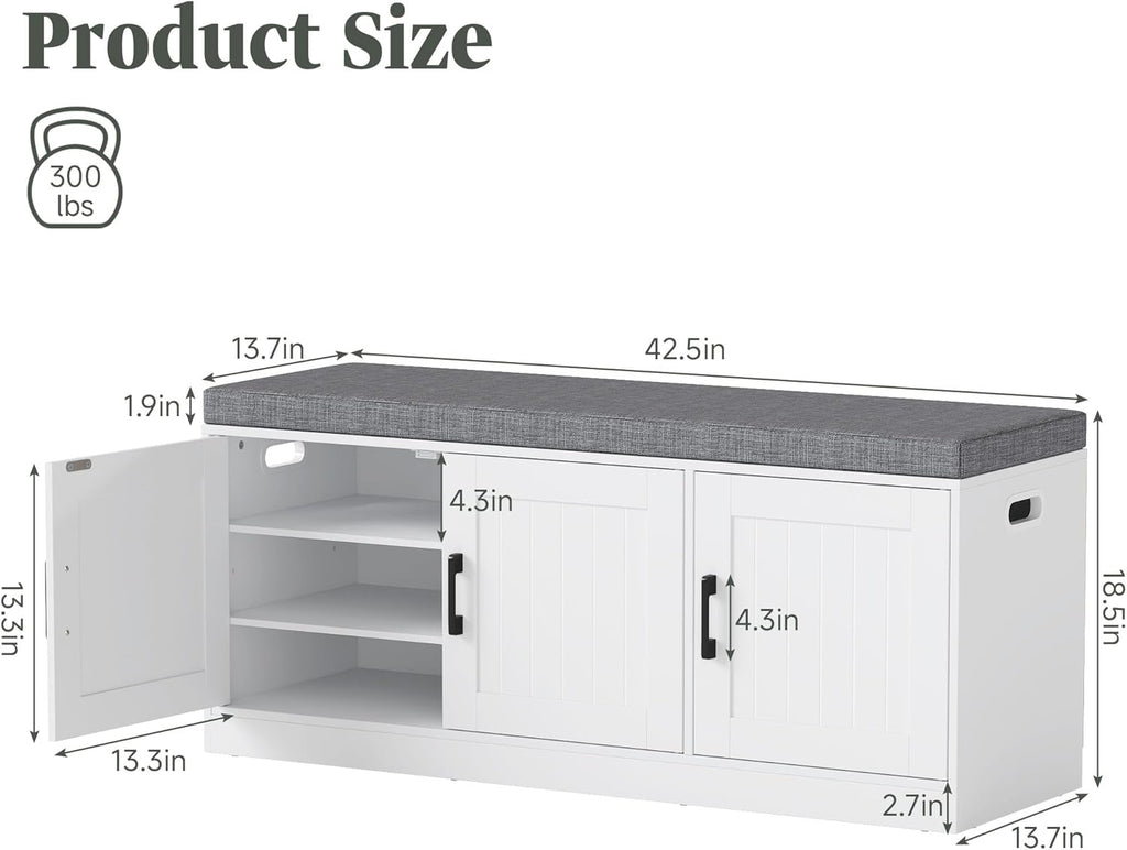 Shoe Storage Bench with Cabinet, 3-Tier Entryway Bench with Padded Seat Cushion, Shoe Cabinet Bench with 4 Adjustable