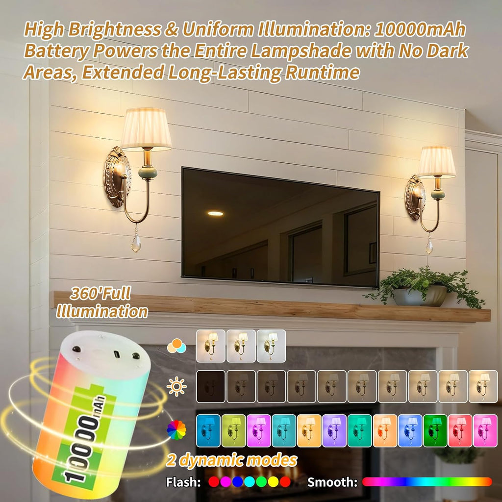 Wireless Battery Operated Antique Brass Wall Sconces Set of 2, 10000mAh Rechargeable Gold Crystal Vintage Fabric