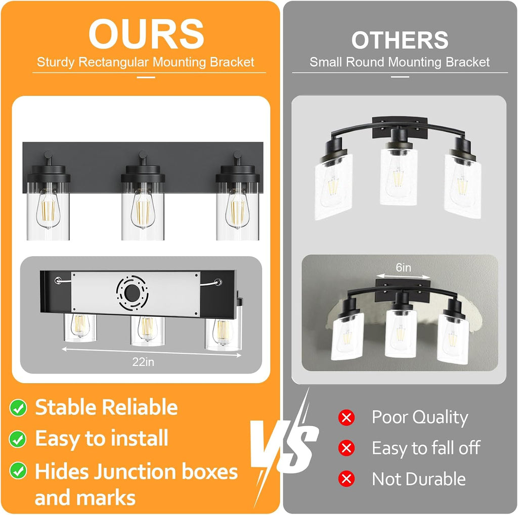 Bathroom Vanity Light Fixture, 3-Light 22 Inch Matte Black Bathroom Light Fixtures Over Mirror, with Clear Glass