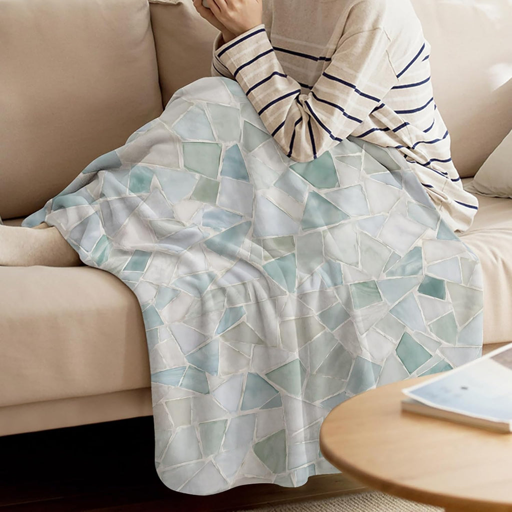 Vintage Stone Print Throw Blanket Boho Coastal Teal Mosaic Texture Flannel Cozy Soft Warm Fleece Blankets, 50 x 60 inch
