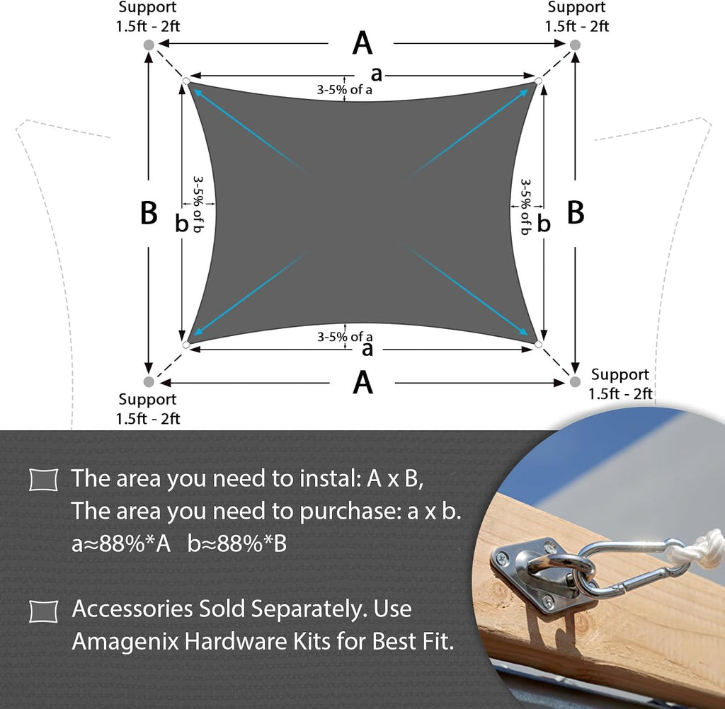 Sun Shade Sail 20'X20' Rectangle Dark Grey Heavy Duty UV Protection Breathable Canopy Lawn Garden Outdoor Use