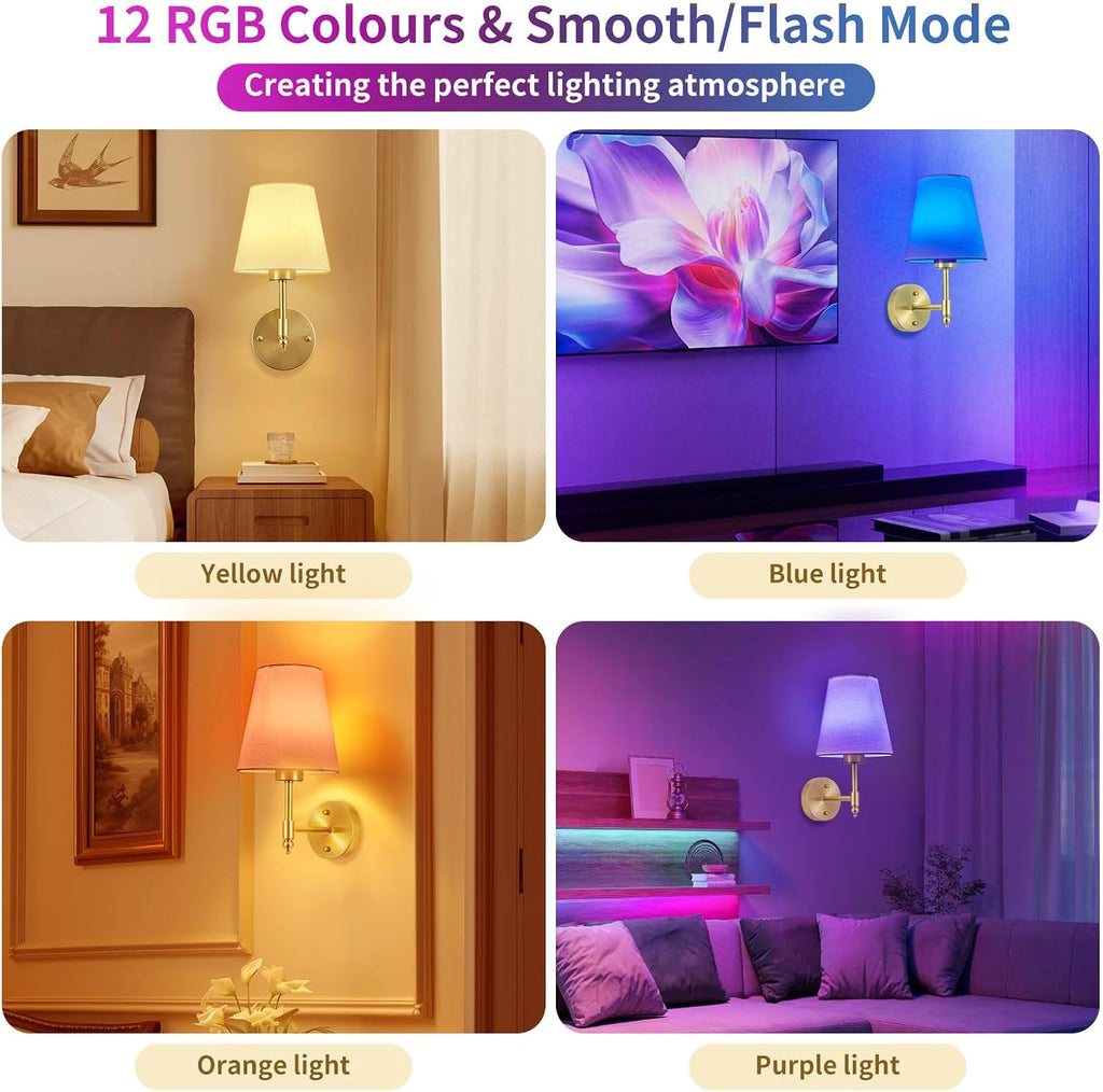 Battery Operated Wall Sconce Set of 2, Rechargeable Wireless Wall Lights with fabric Lampshade, 5200mAh Dimmable