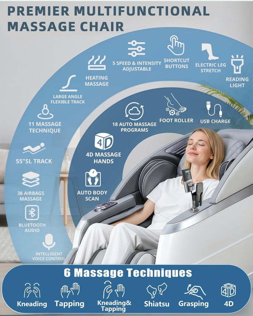 4D Massage Chair Full Body Zero Gravity Recliner,36 Airbags | Flexible 166° SL-Track with Yoga Stretch,18 Massage