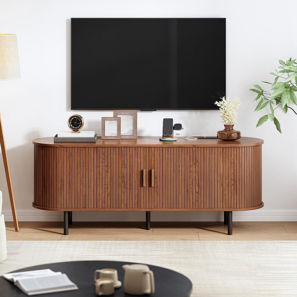 55" TV Stand with Power Outlet, Mid-Century Modern Television Stand, Fluted Media Console with Sliding Doors
