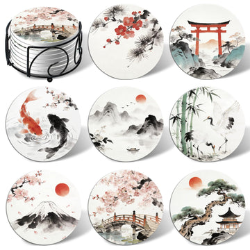 Ceramic Coasters for Drinks, Round Absorbent Drink Coasters Set of 8 with Holder, Japanese Cherry Blossom and Ink