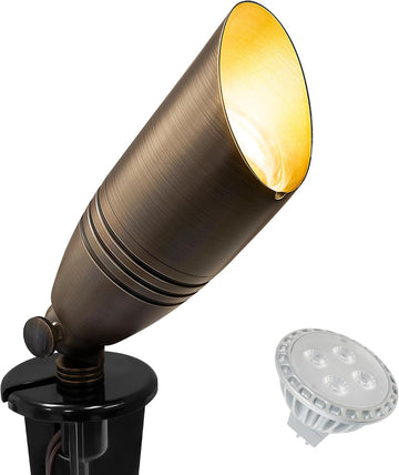 UL Listed Solid Brass Landscape Spotlight, Low Voltage Outdoor Directional Uplight, with 5W MR16 LED Bulb & Large