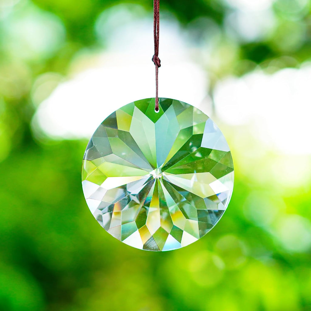 Bauhinia Hanging Faceted Crystals Large Window Prisms Suncatcher - 3inch Round Crystal Ornament, Window Hanging Decor