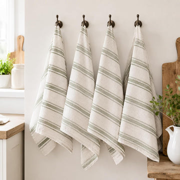 4 Pack Rustic Cotton Linen Kitchen Towels 27.2 x 17.3 inch Natural Farmhouse Sage Green Stripe Dishcloths Absorbent