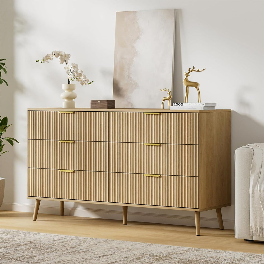 55" Wide Fluted Dresser with 6 Drawer, Modern Chest of Drawers with Curved Profile Design and Metal Handles, Wood