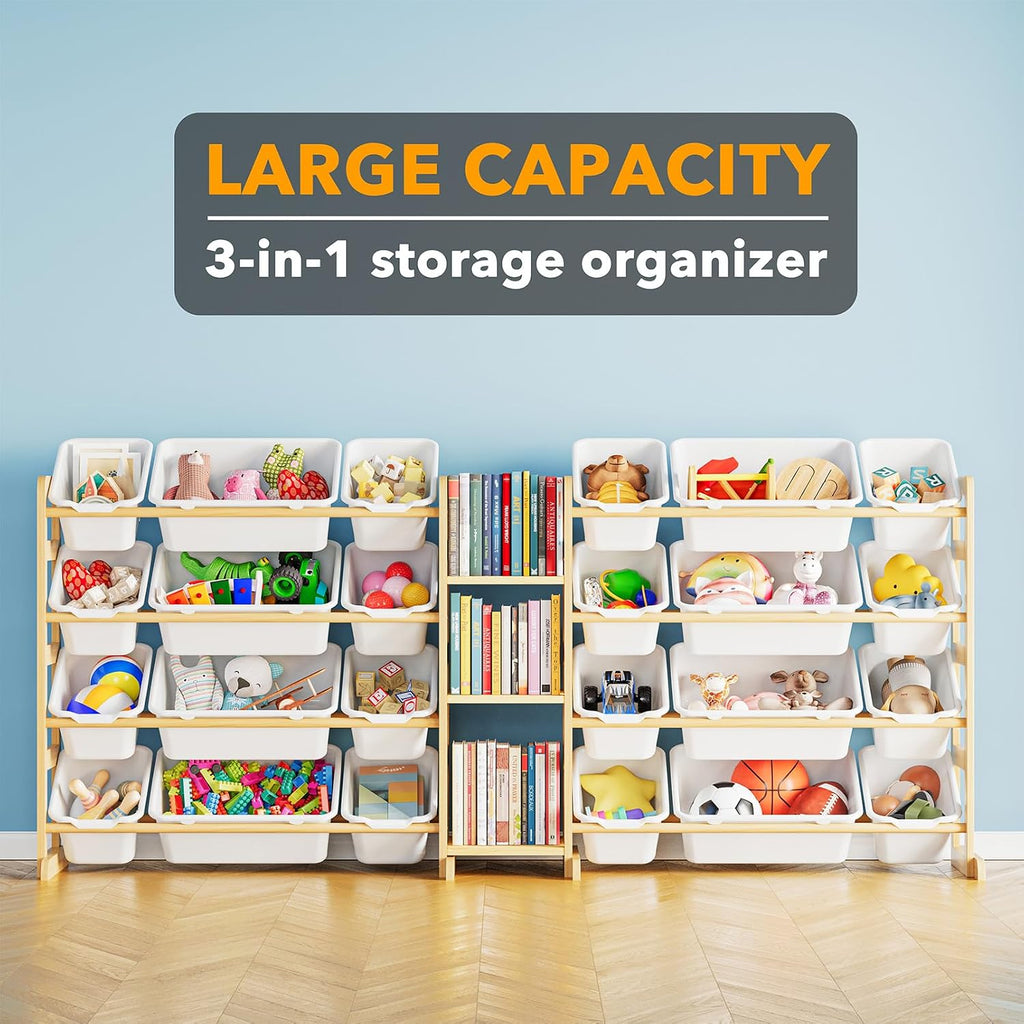Large Toy Storage Organizer with 24 Bins and 3 Shelves, Toy Organizers Storage Bookshelf, Kids Bin Shelf Box Bookcase