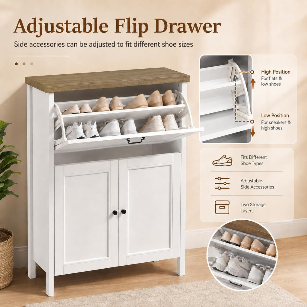 Shoe Cabinet with Flip Drawer, Shoe Storage Cabinet with Boot Rack and 6 Boot Clips, Narrow Entryway Shoe Cabinet