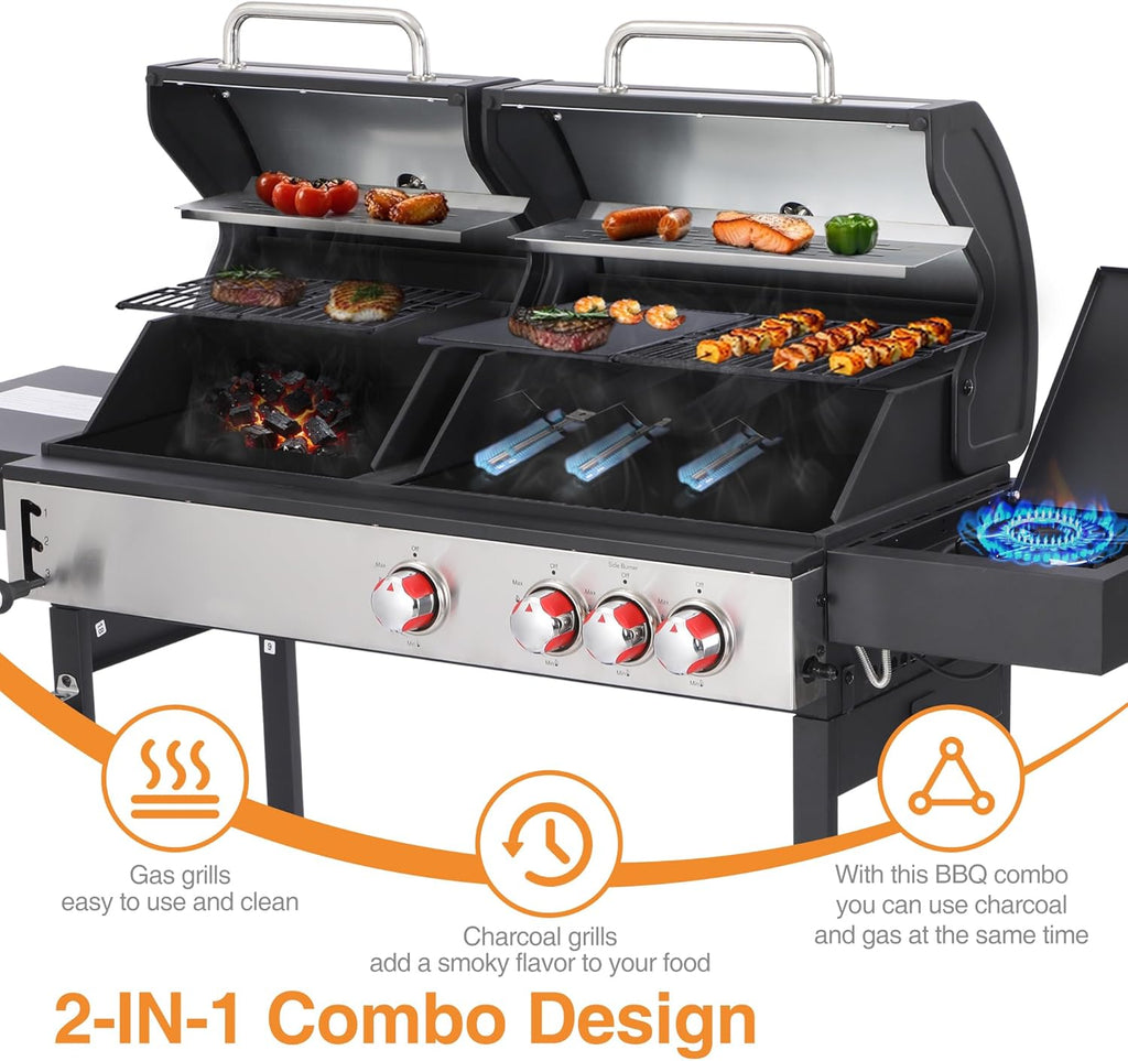 Propane and Charcoal Grill Combo with Side Burner, 41,500 BTU 2-in-1 Griddle Grill, 673 Sq. In. Cooking Area