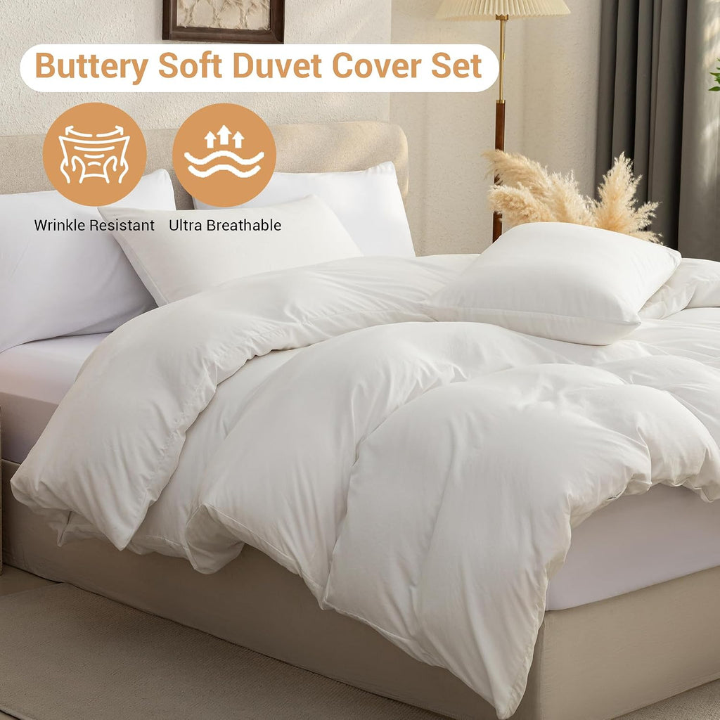 White Duvet Cover Set - 3 Piece Soft Prewashed Microfiber Bedding, Breathable Comforter Cover with Zipper & 8