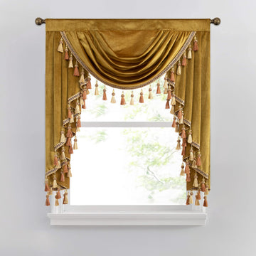 Thick Velvet Curtains Valance, Gold Thermal Insulated Luxury Waterfall Valances for Formal Living Room, Rod Pocket