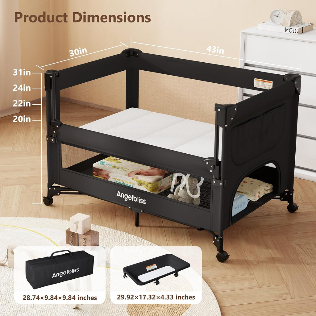 Pack and Play, Baby Bassinet Bedside Crib with Changer, Black | One-push setup, mattress, breathable mesh, adjustable