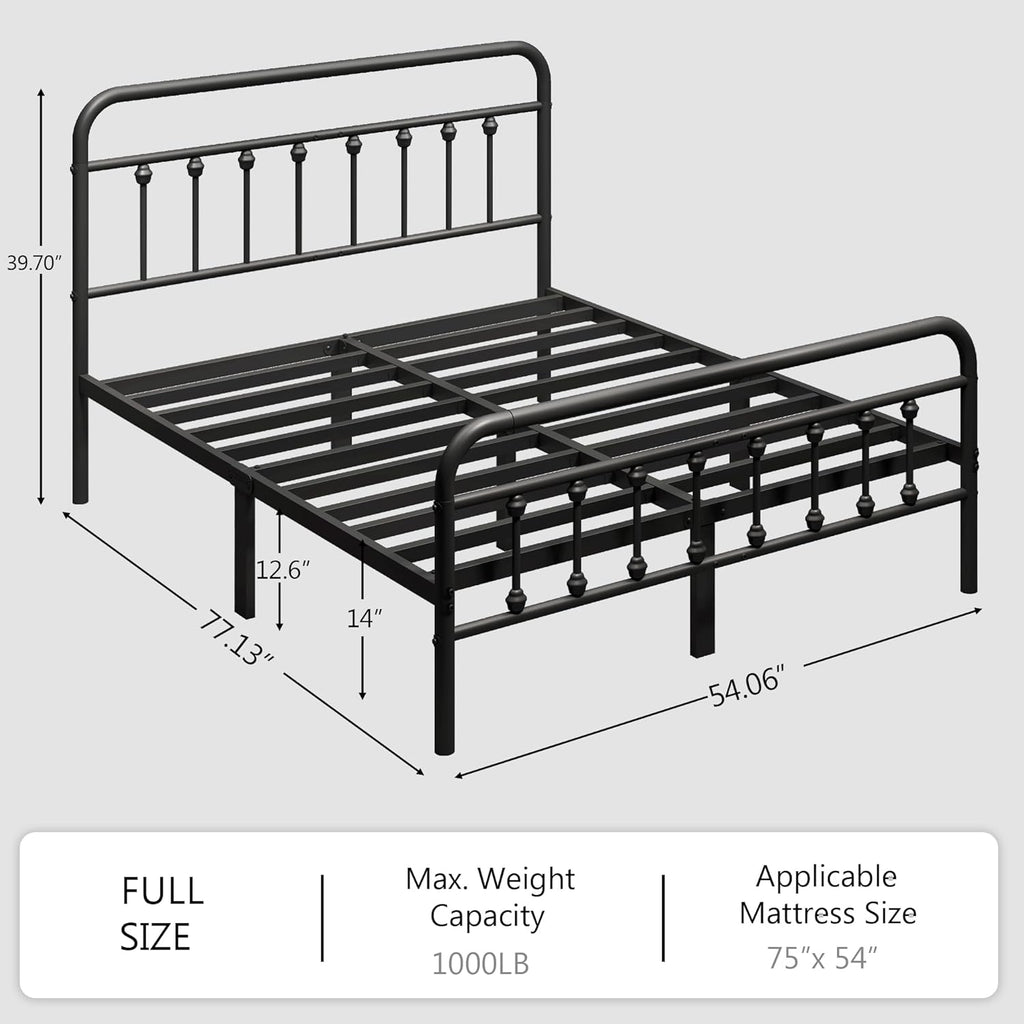 Full Metal Platform Bed Frame/Victorian Style Headboard and Footboard/Steel Slat Support/Easy Assembly/No Box Spring