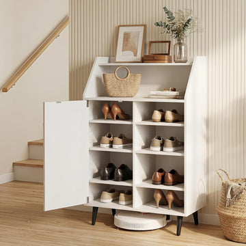 Shoe Storage Cabinet w/Single-Door, Adjustable Shelves | 7-Tier Entryway Cabinet w/Open Compartment, Anti-Tipping