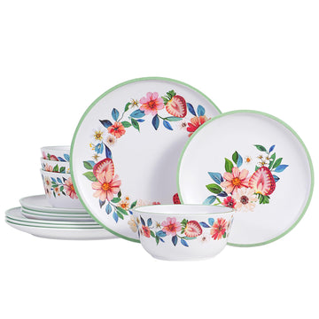 12-Piece Strawberry Melamine Dinnerware Set for 4, Floral Pattern