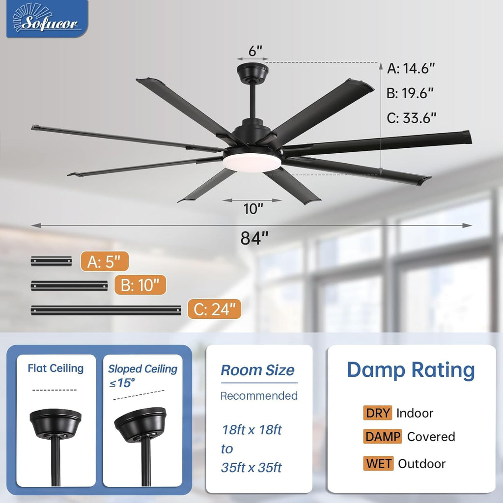 84 Inch Smart Ceiling Fan with Light, 8 Aluminum Blades Outdoor Black Ceiling Fan, Work with App/Alexa/Google