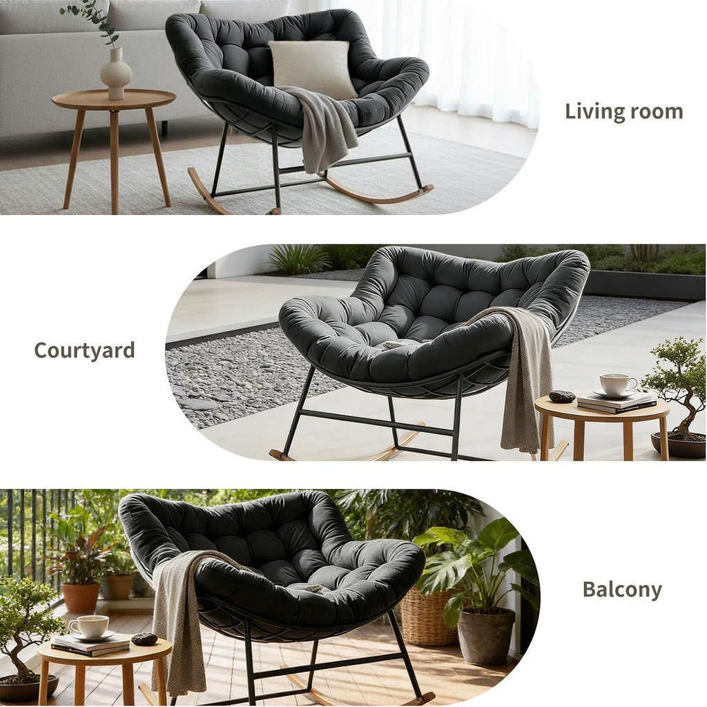 Oversized Papasan Rocking Chair with Thickened Cushion, Heavy-Duty Cozy Egg Chair, Large Comfy Lounge Chair for