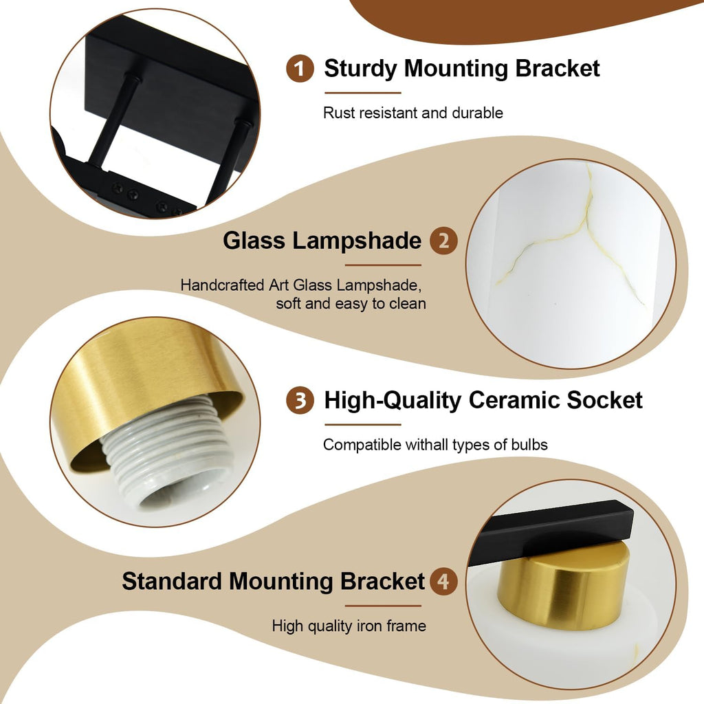 3-Light Bathroom Light Fixtures, Modern Vanity Lights, Black and Gold Metal Wall Lamp with White Marble Glass