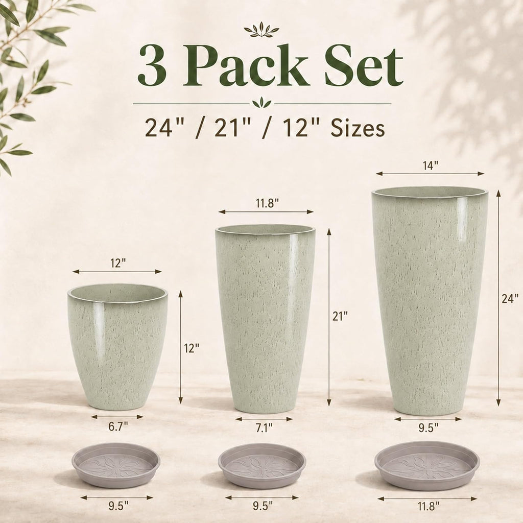 Set of 3 Tall Planter, 24/21/12in Large Planter, DripGlaze | Ceramic-Look, Lightweight, Built-in Drain Hole, Saucers